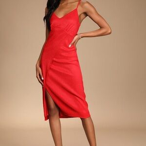 Lulus View And I Bright Red Tie-back Faux-wrap Midi Dress - Size S
